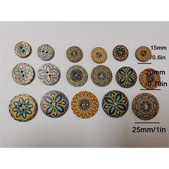 100pcs Wooden Sewing Buttons Flower Painting Round 2 Hole Bohemian Buttons