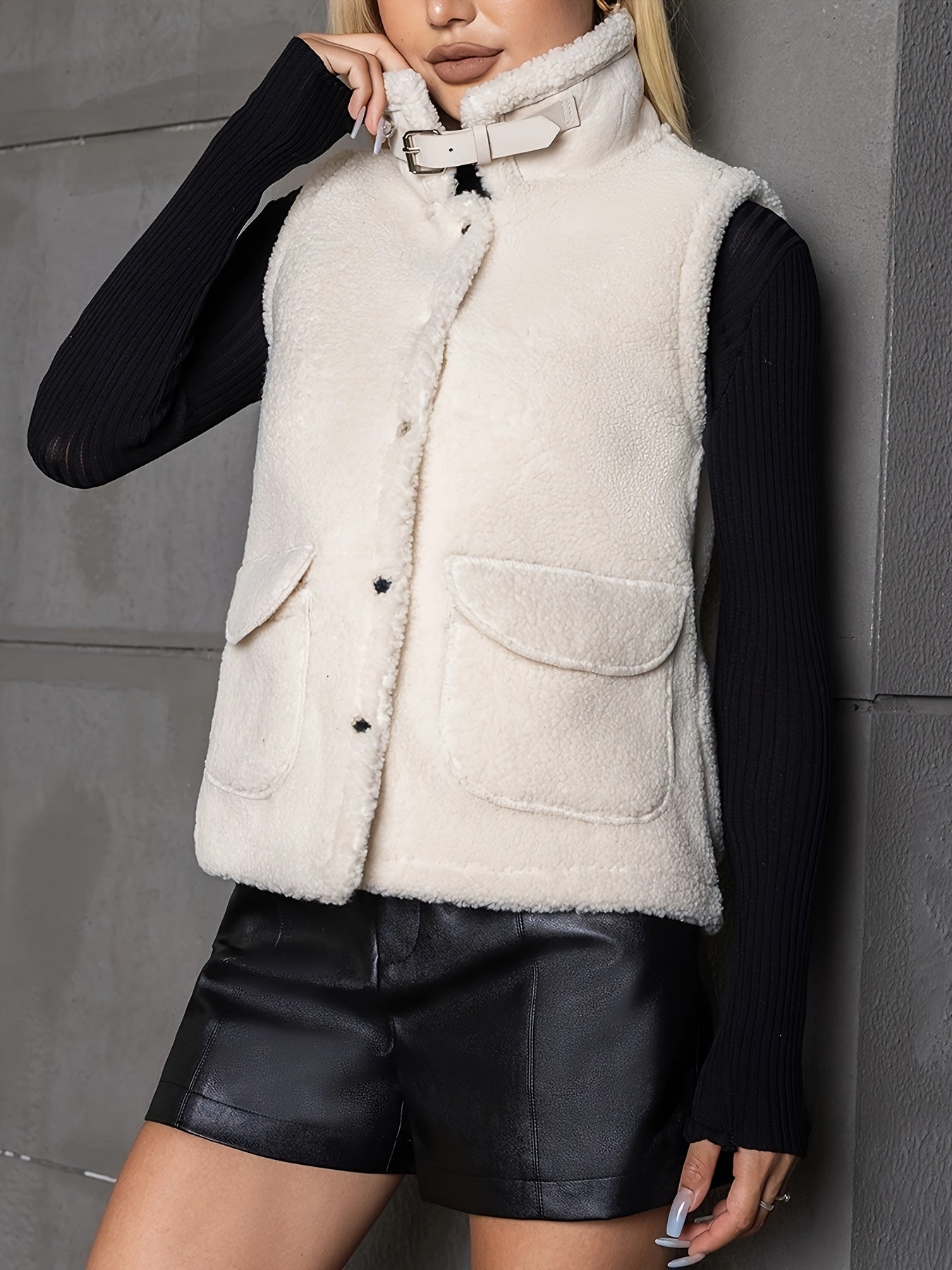 Plush Sleeveless Jacket with Dual Pockets for Women