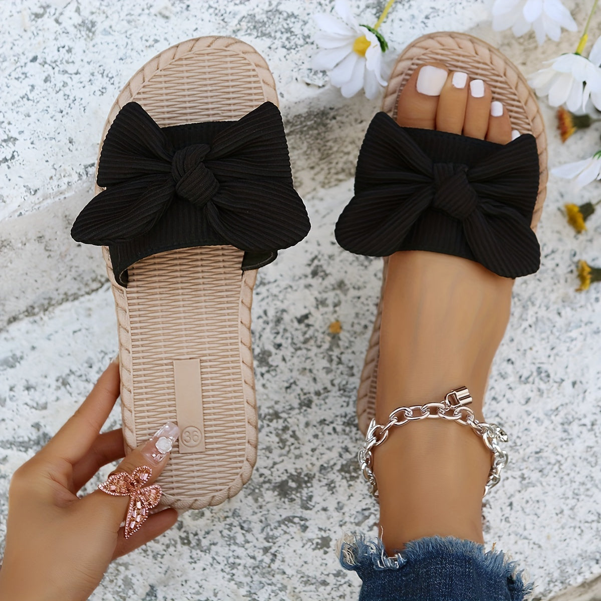 Women's Bowknot Slide Sandals Open Toe Flat Shoes