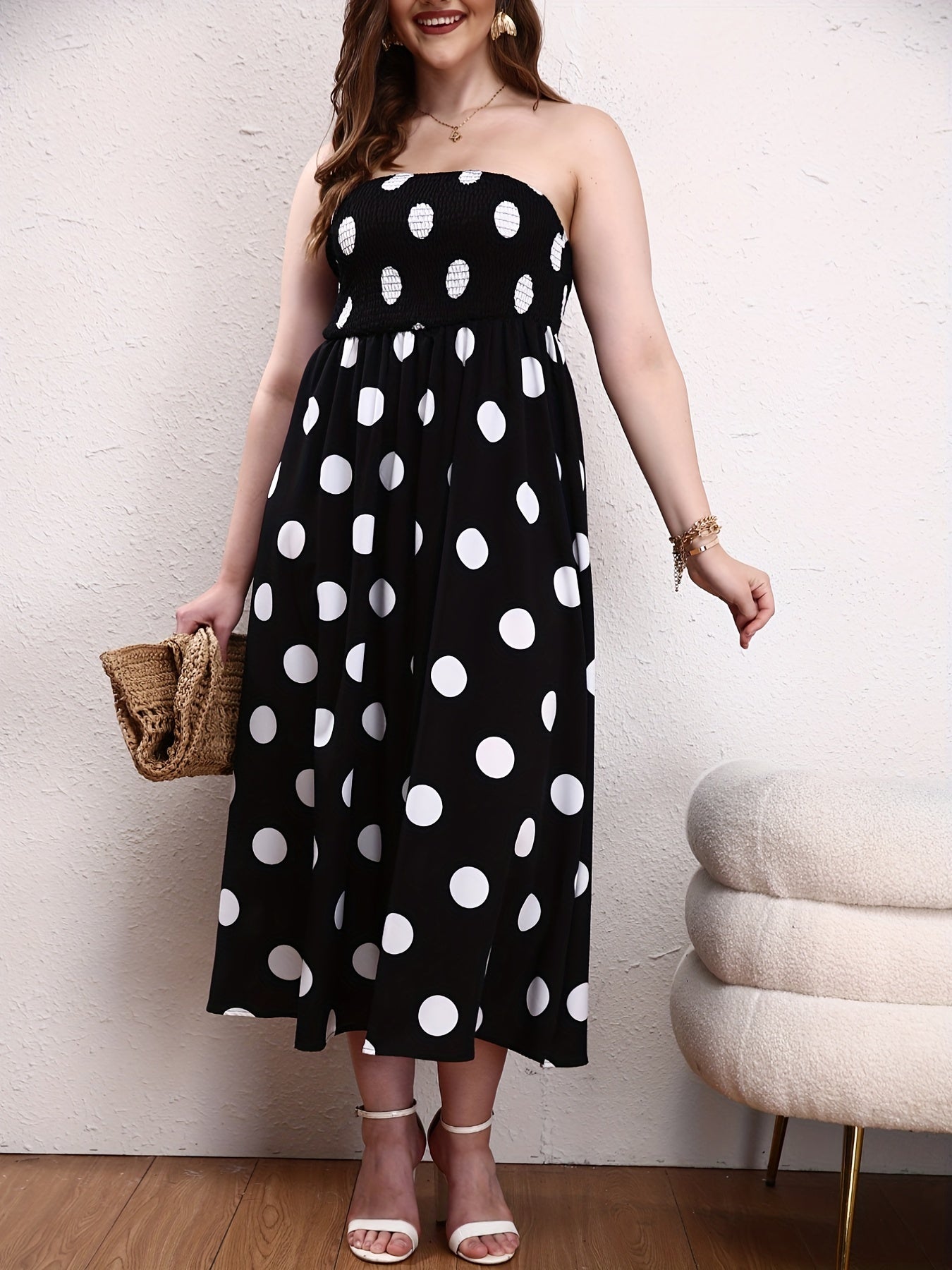 Boho Tube Dress Women's Plus Polka Dot Print Maxi Tube Dress