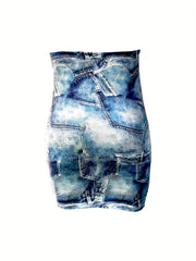 Plus Denim Print Medium Stretch Mini Tube Dress