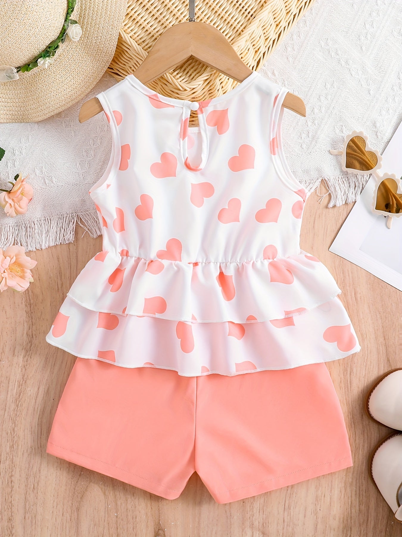 Girls Heart Graphic Peplum Top & Shorts Set for Summer Holiday