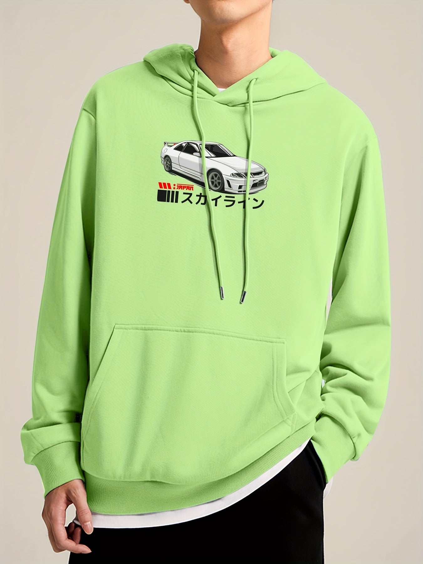 Japanese Characters & Car Print Hoodie for Men