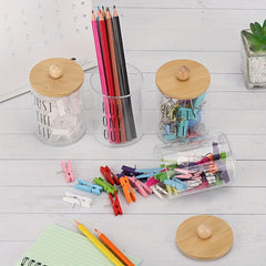 Bamboo Lid Cotton Swab Holder Bathroom Organizer 10 Oz Clear Apothecary Jars
