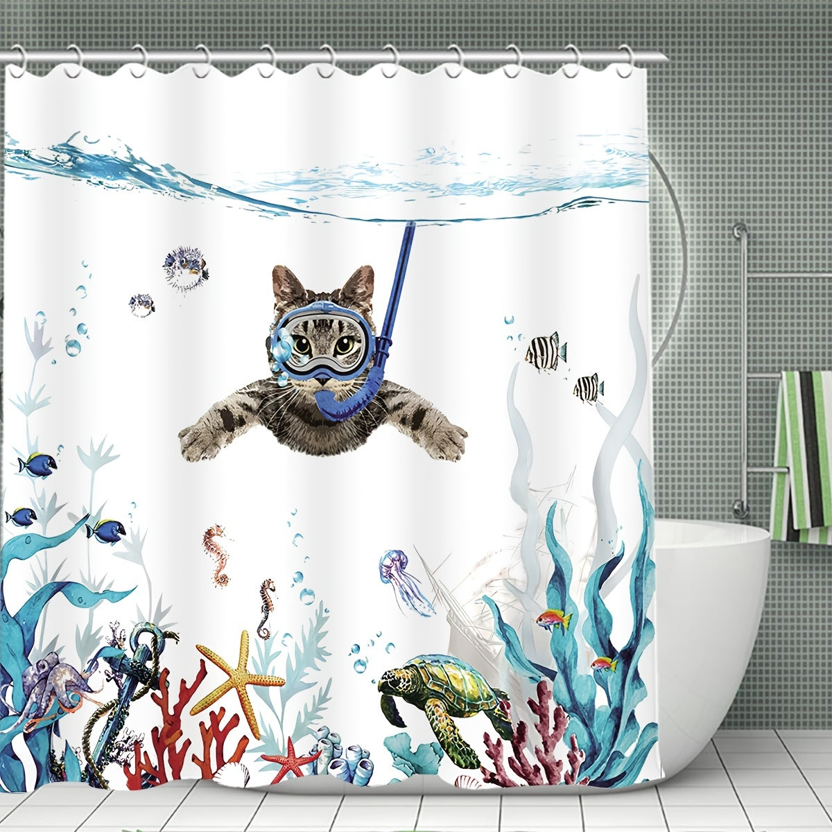 Swimming Cat Shower Curtain Set - Modern Bathroom Decor