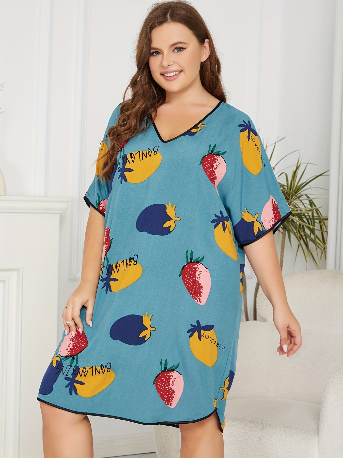 Fruit Print V Neck Sleep Dress Short Sleeve