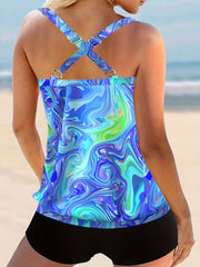 Modest Tankini Set Women's Plus Fluid Pattern Crisscross Back Cami Top