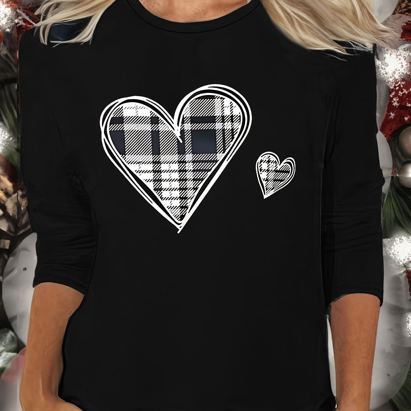 Plaid Heart Print Lounge Top Crew Neck Long Sleeve Women's Sleepwear