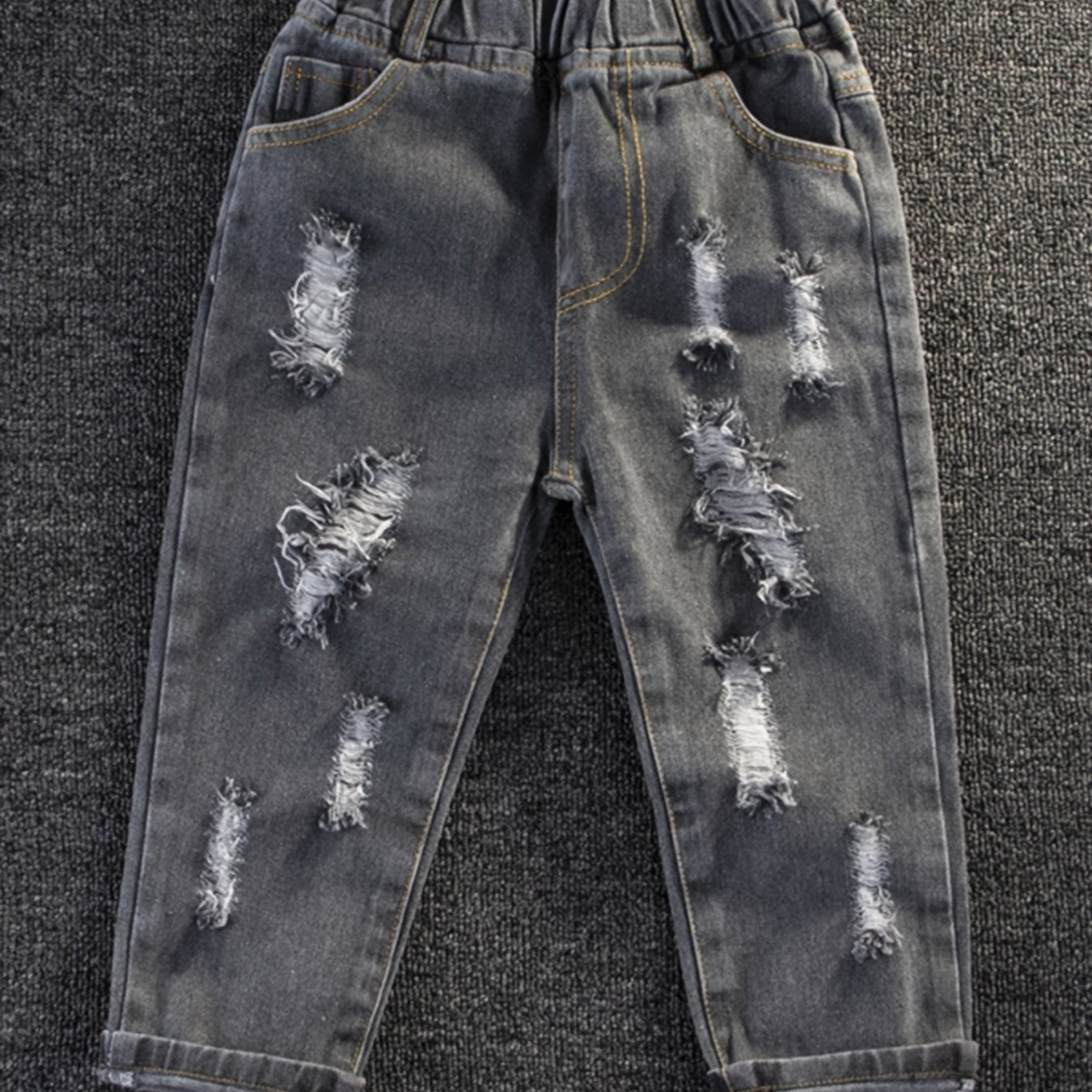 Boys Ripped Jeans Skinny Washed Denim Elastic Waist Long Pants Kids Clothing