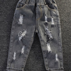 Boys Ripped Jeans Skinny Washed Denim Elastic Waist Long Pants Kids Clothing