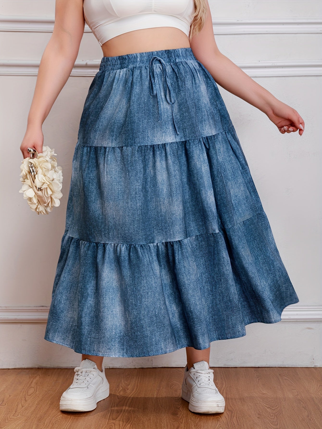 Ombre Denim Print Elastic High Rise Maxi Skirt