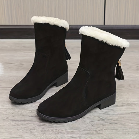 Women's Tassel Snow Boots Plush Lined Chunky Heel Comfortable Winter Boots