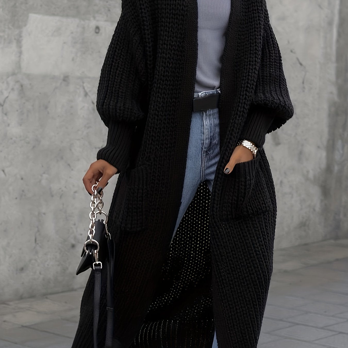 Solid Lantern Sleeve Open Cardigan