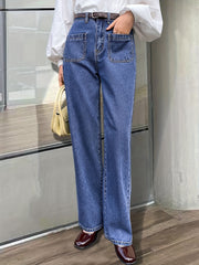 Patch Pockets Straight Jeans Loose Fit Non Stretch Denim Trousers