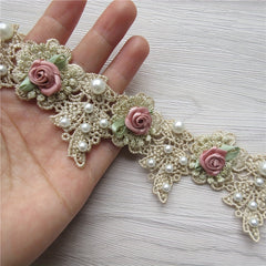 Vintage Faux Pearl Rose Flowers Embroidered Lace Trim Fabric