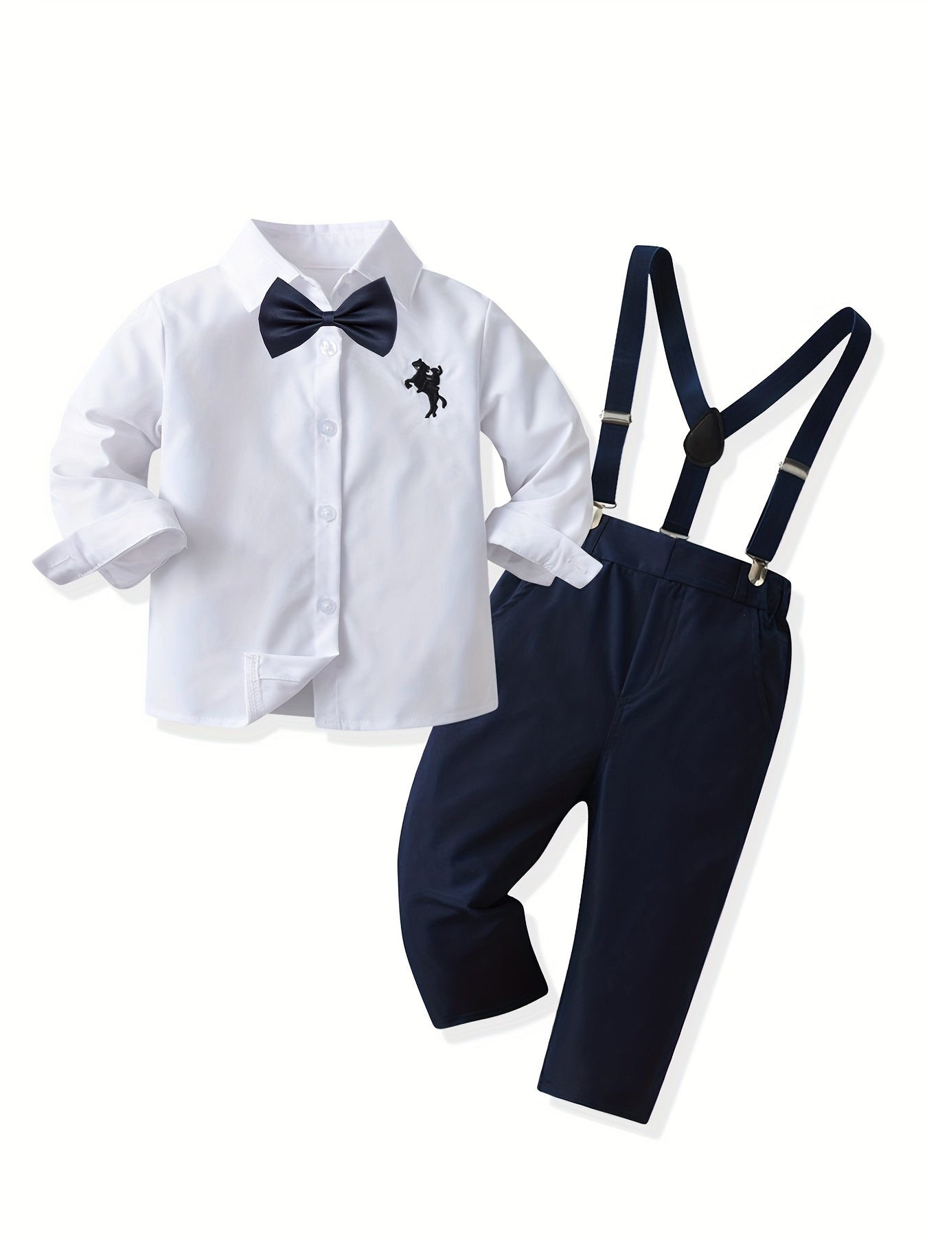 2pcs Boys Gentleman Outfits Short Sleeve Bowtie Long Sleeve Shirt&Suspender Kids
