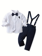 2pcs Boys Gentleman Outfits Short Sleeve Bowtie Long Sleeve Shirt&Suspender Kids