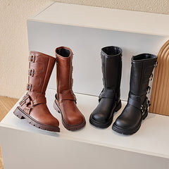 Girls Vintage Knee High Boots - Non Slip PU Leather - Geometric Design