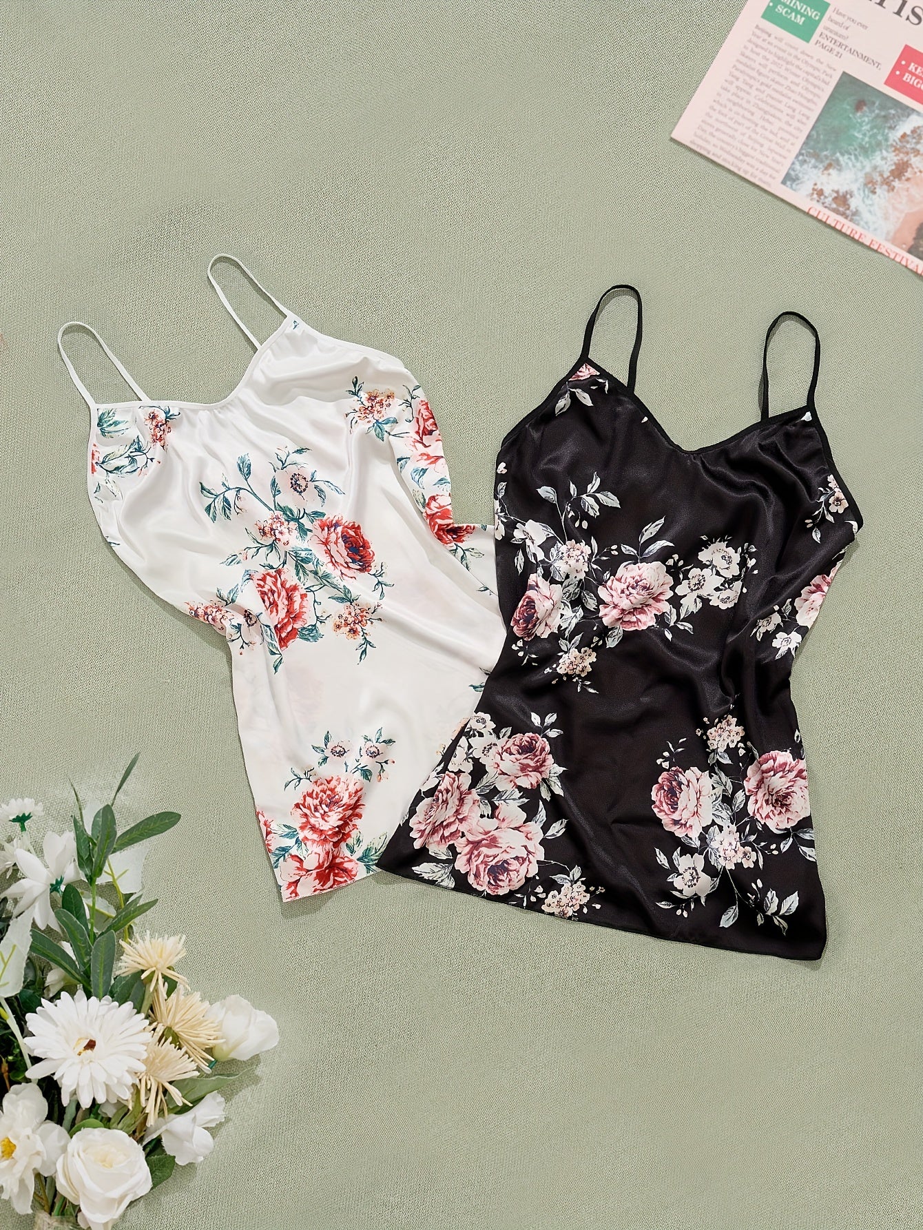 Floral Print Satin Nightdress Spaghetti Strap Sleep Dress Women's Sleepwear