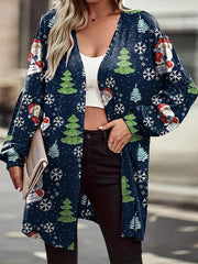 Christmas Santa Cardigan Women's Tree Print Open Front