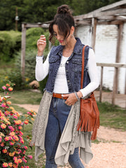 Washed Denim Vest Jacket With Lace Embroidery