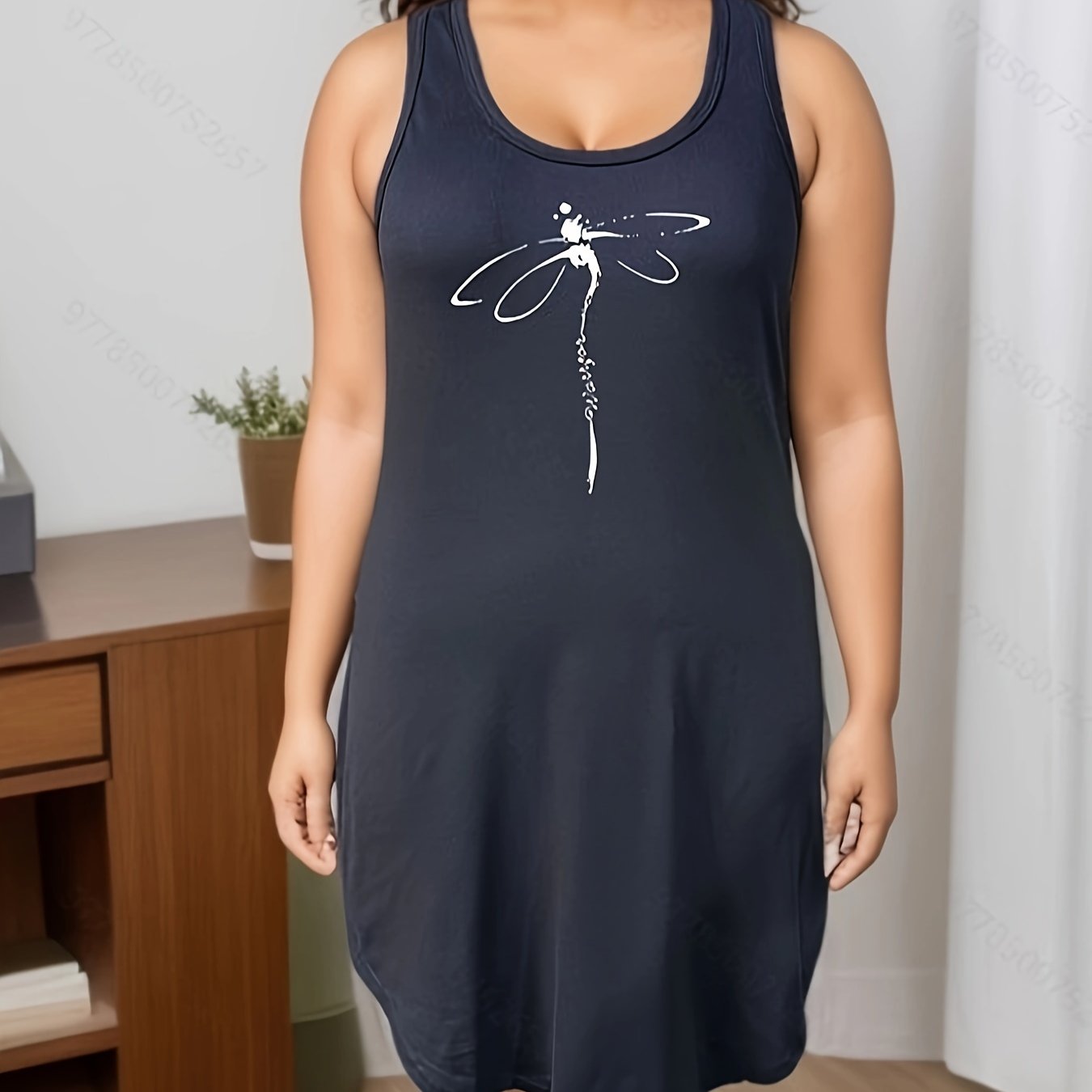 Dragonfly Print Round Neck Tank Sleep Dress