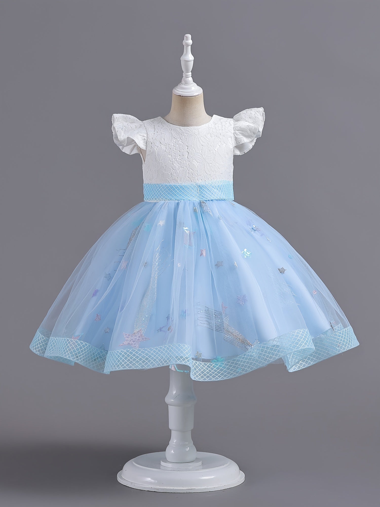 Girls Embroidered Mesh Princess Dress Fly Sleeve Tutu Skirt