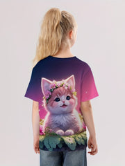 3D Flower Cat Graphic T-shirt Girls Casual Short Sleeve Tees Summer Clothes