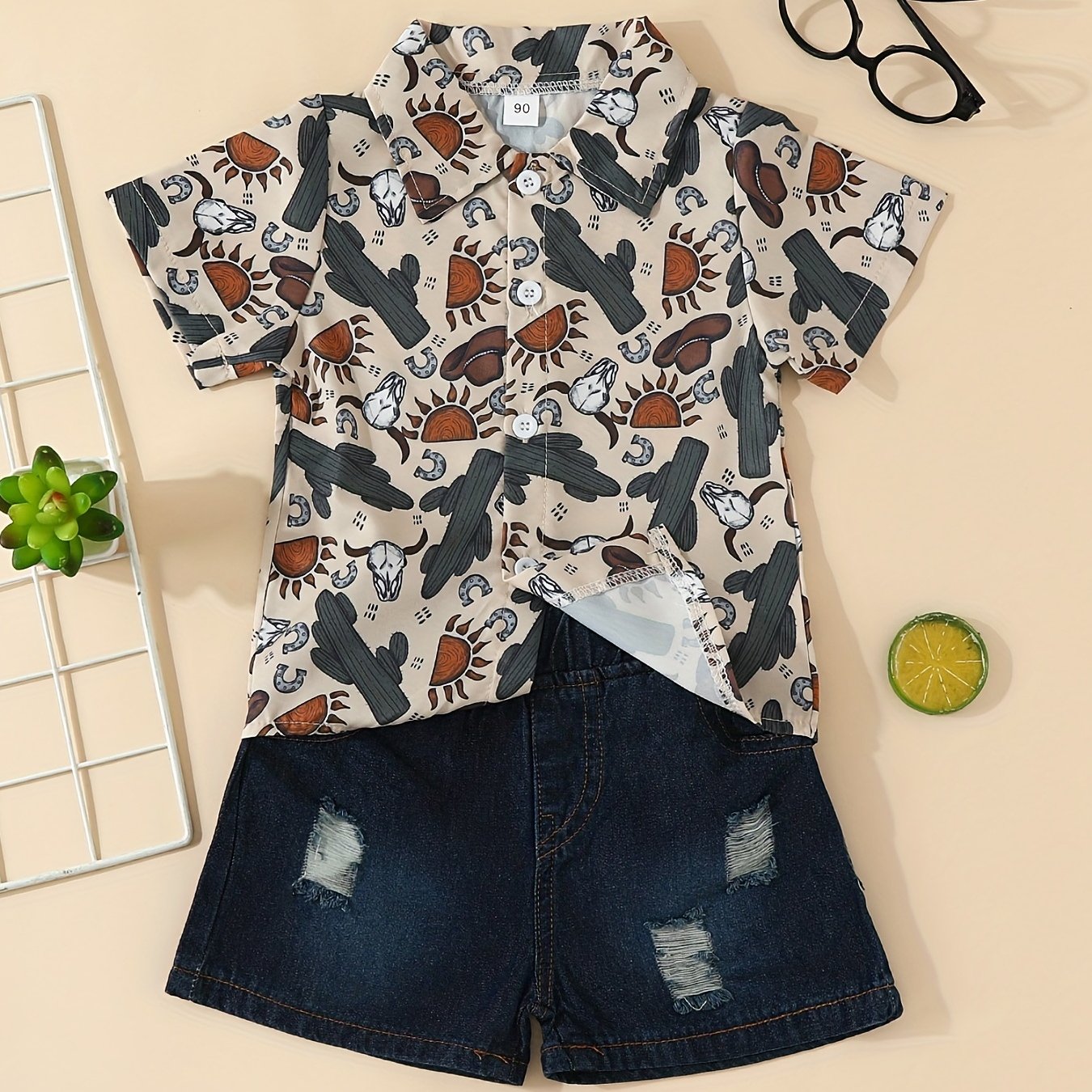 Boys Cactus Graphic Print Shirt & Ripped Denim Shorts Set for Summer