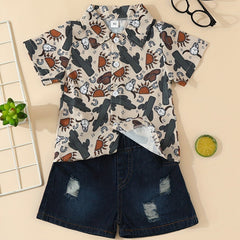 Boys Cactus Graphic Print Shirt & Ripped Denim Shorts Set for Summer