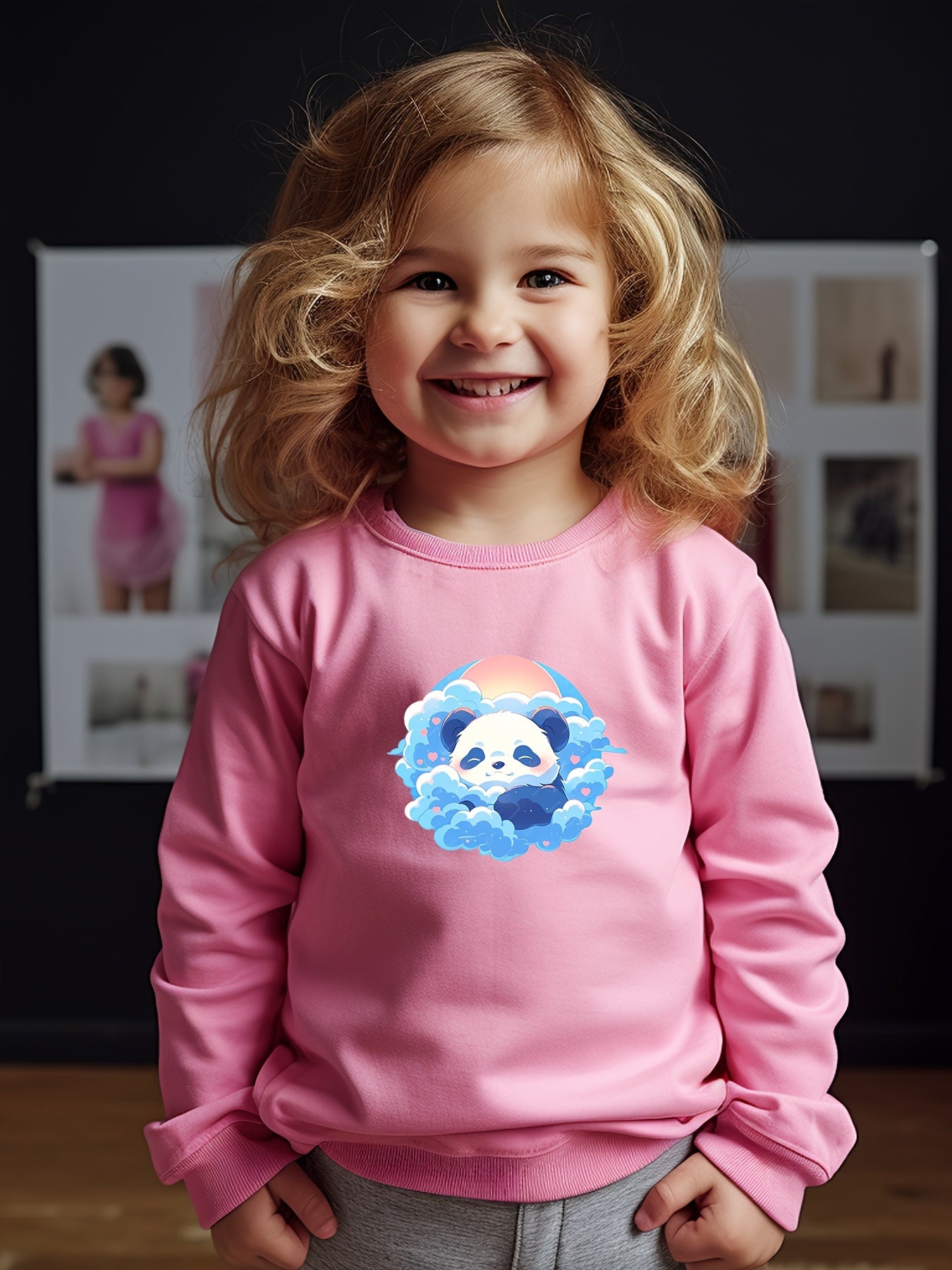 Panda Print Girls Casual Pullover Sweatshirt Long Sleeve Crew Neck Tops