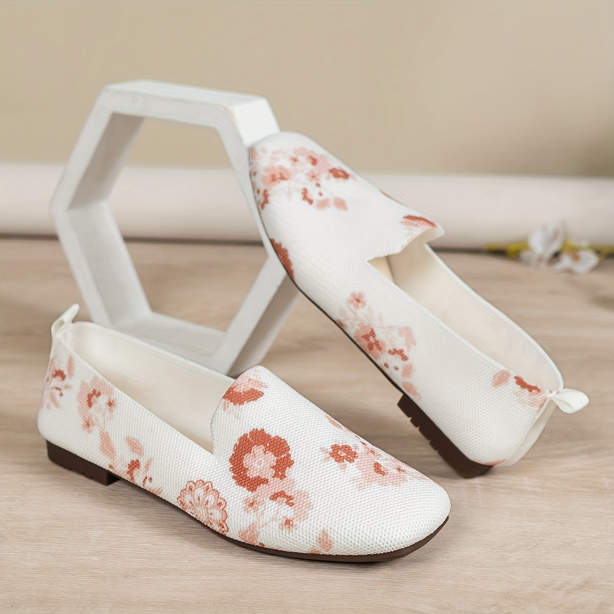 Women's Floral Printed Knitted Flat Shoes Comfy Square Open Slip On Shoes
