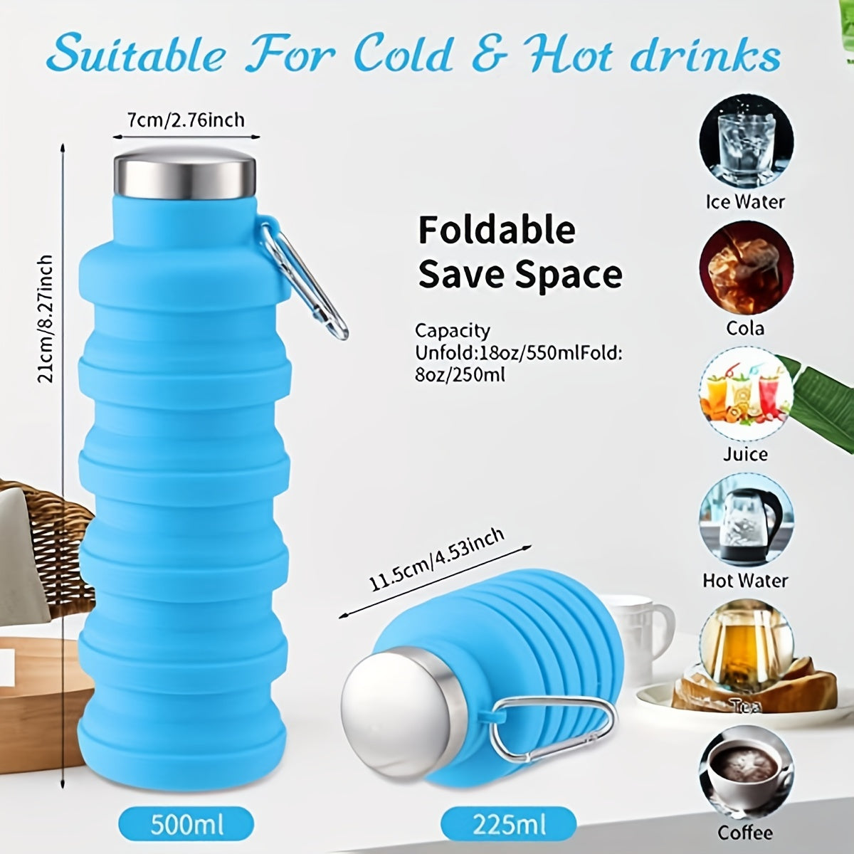 Foldable Reusable Silicone Water Bottle 16oz Leakproof Cup with Lid for Camping