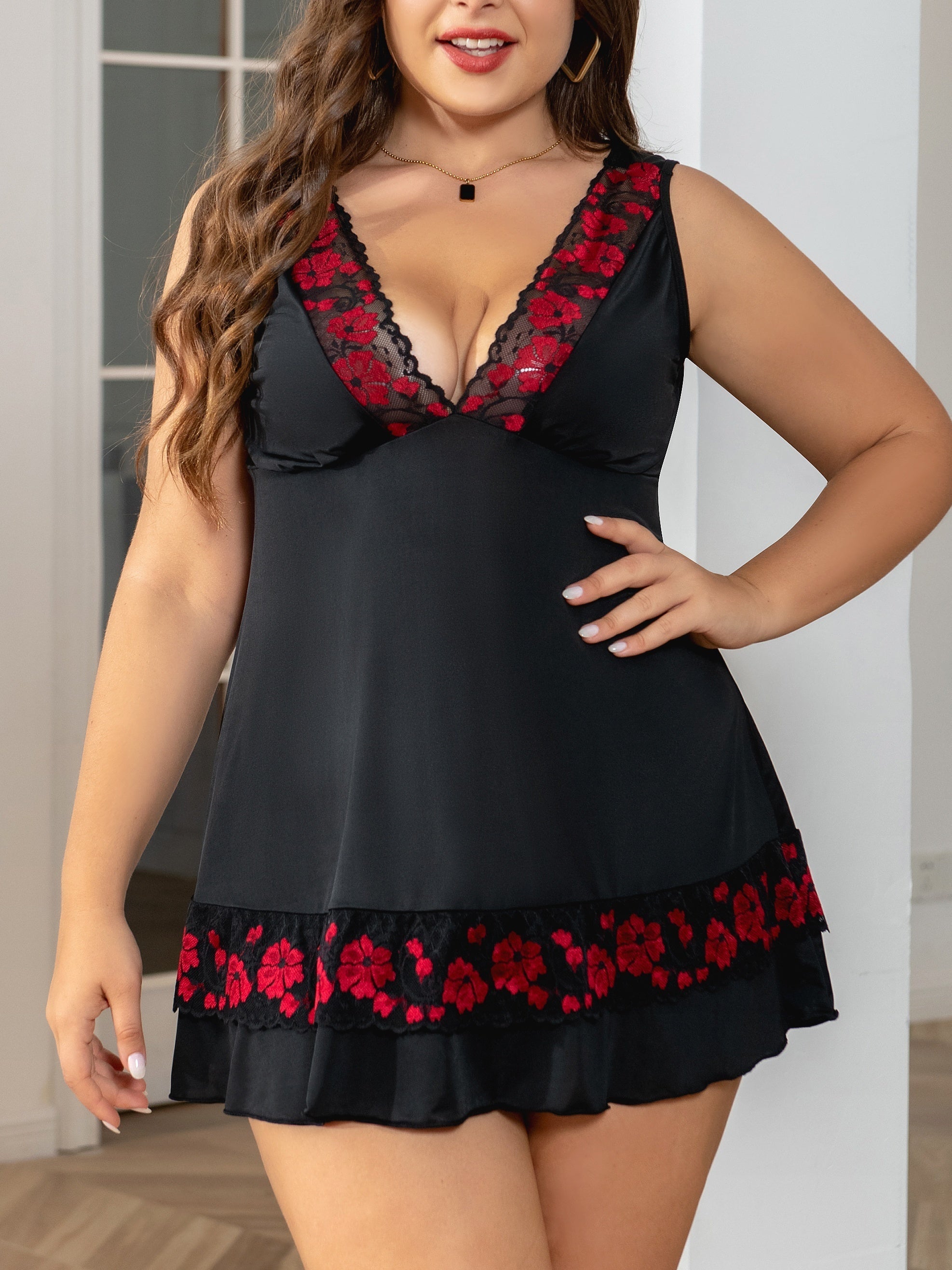 Sexy Nightdress Women's Plus Floral Jacquard Lace V Neck Sleep Dress