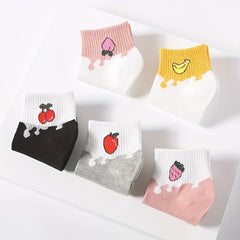 5 Pairs Cartoon Fruit Print Socks Ribbed Short Stockings