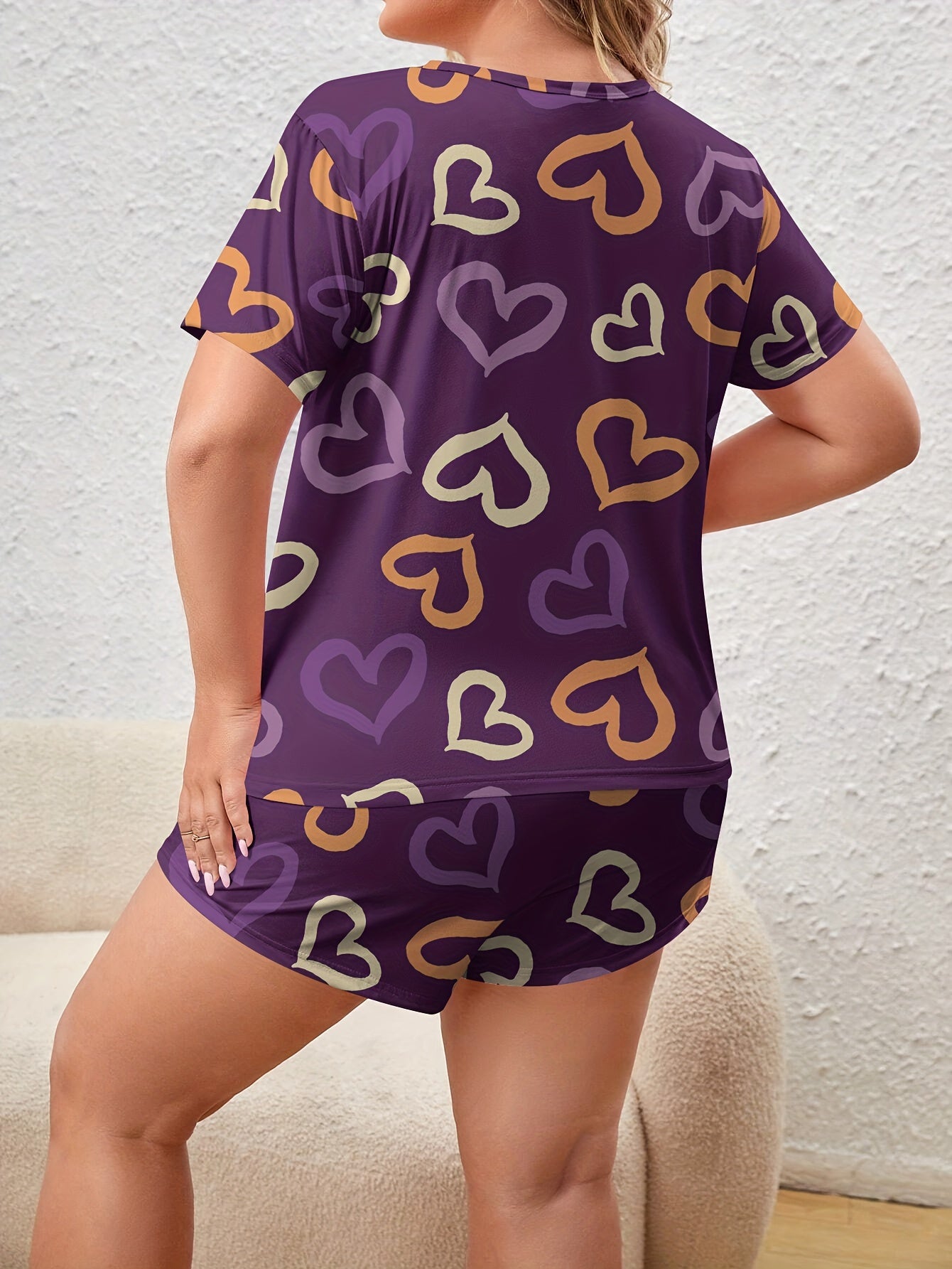 Heart Print Short Sleeve Tee & Shorts Loungewear Set