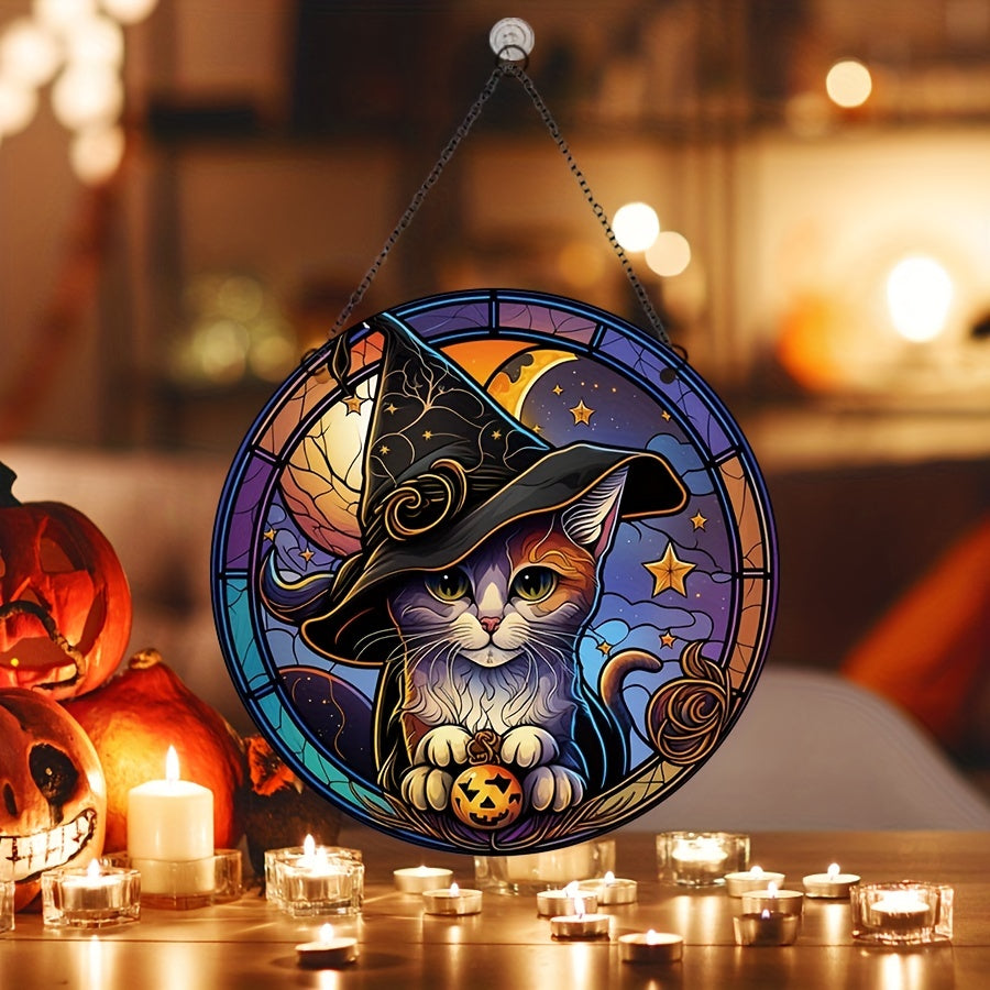 Acrylic Halloween Witch Hat Kitten Round Stain Window Hanging Decoration