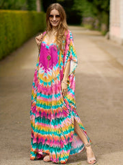 Boho Tie Dye Bat Sleeve V Neck Cover Up Dress