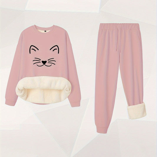 Women's Plus Cat Print Crew Neck Fleece Top & Joggers Set