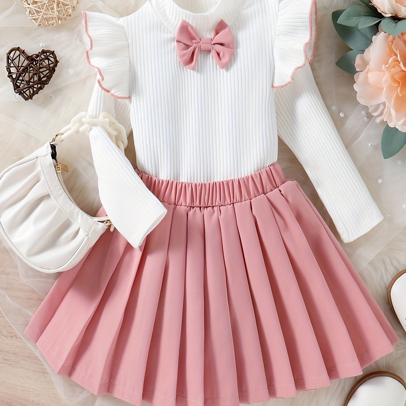 Baby Toddler High Neck Knit Top Pleated Skirt Set
