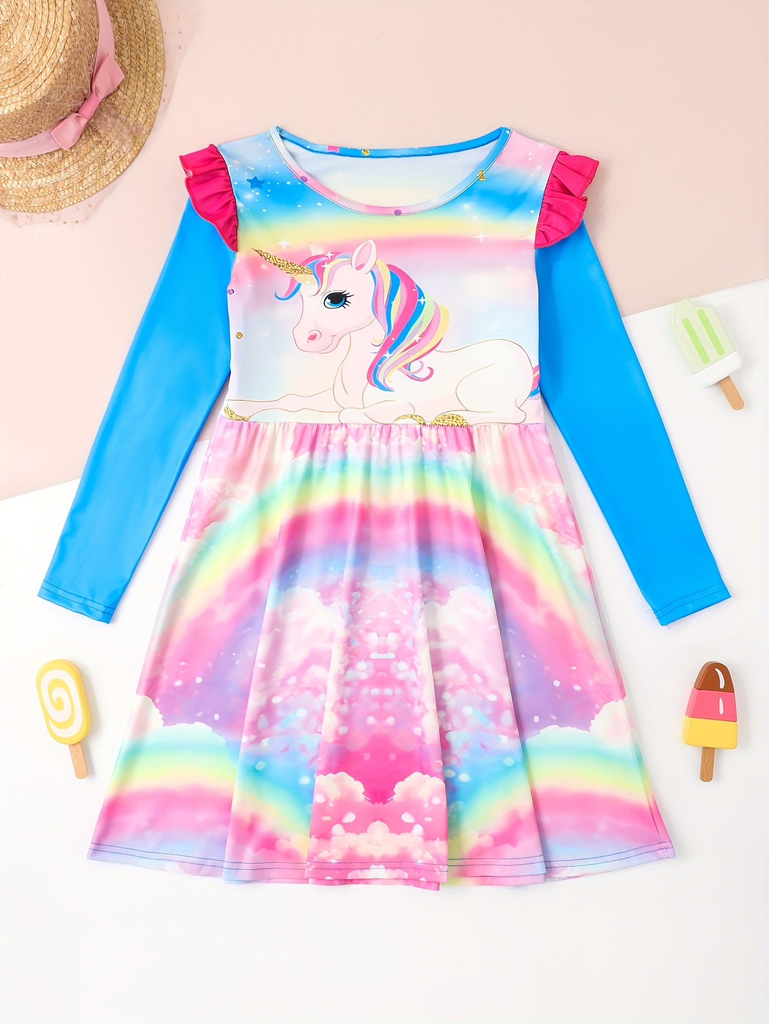 Sweet Unicorn Print Crew Neck Flutter Trim Long Sleeve Dress