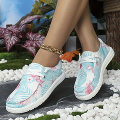 Floral & Leaf Printed Canvas Lace-Up Flat Shoes