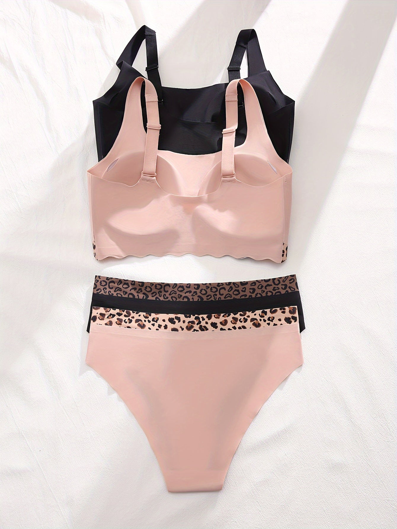 Leopard Stitching Bra & Panties Set, Push Up Wireless, Seamless Lingerie