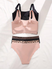 Leopard Stitching Bra & Panties Set, Push Up Wireless, Seamless Lingerie