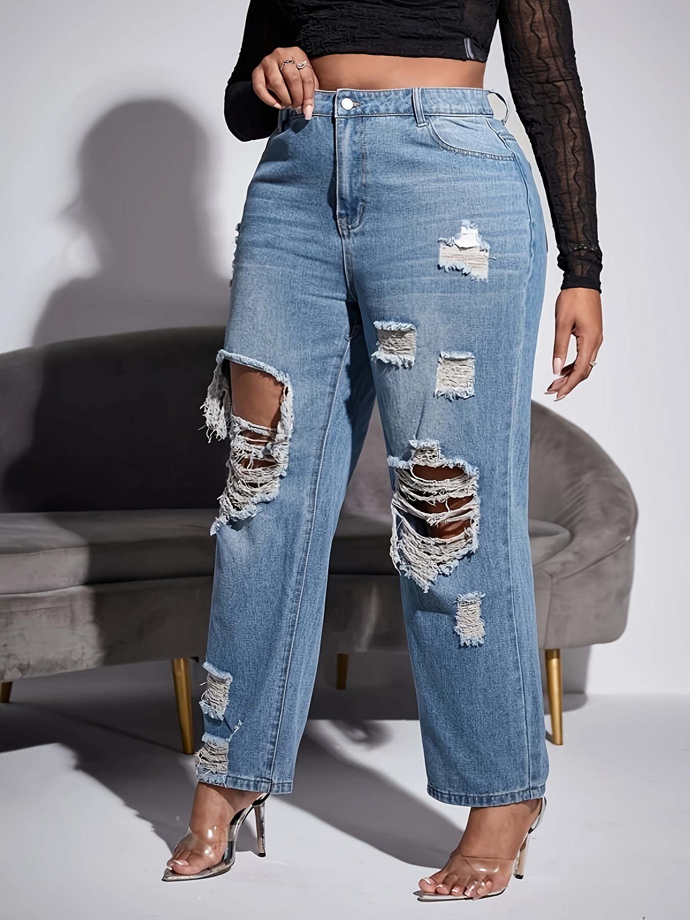 Solid Ripped High Rise Wide Leg Jeans