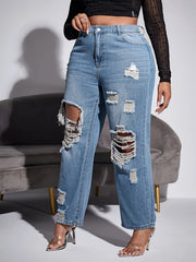 Solid Ripped High Rise Wide Leg Jeans