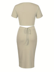 Casual 2pc Set Crop Tee & Button High Waist Skirt Outfit Women's Clothing