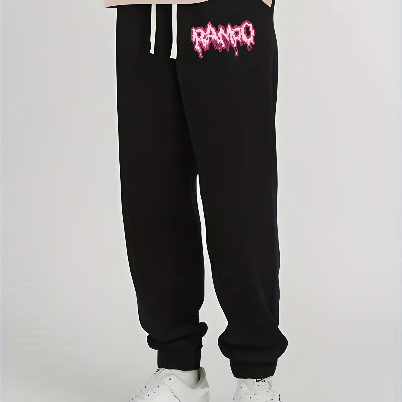 Pink Letter Print Men's Casual Jogger Pants Elastic Waistband Long Pants