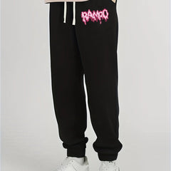 Pink Letter Print Men's Casual Jogger Pants Elastic Waistband Long Pants