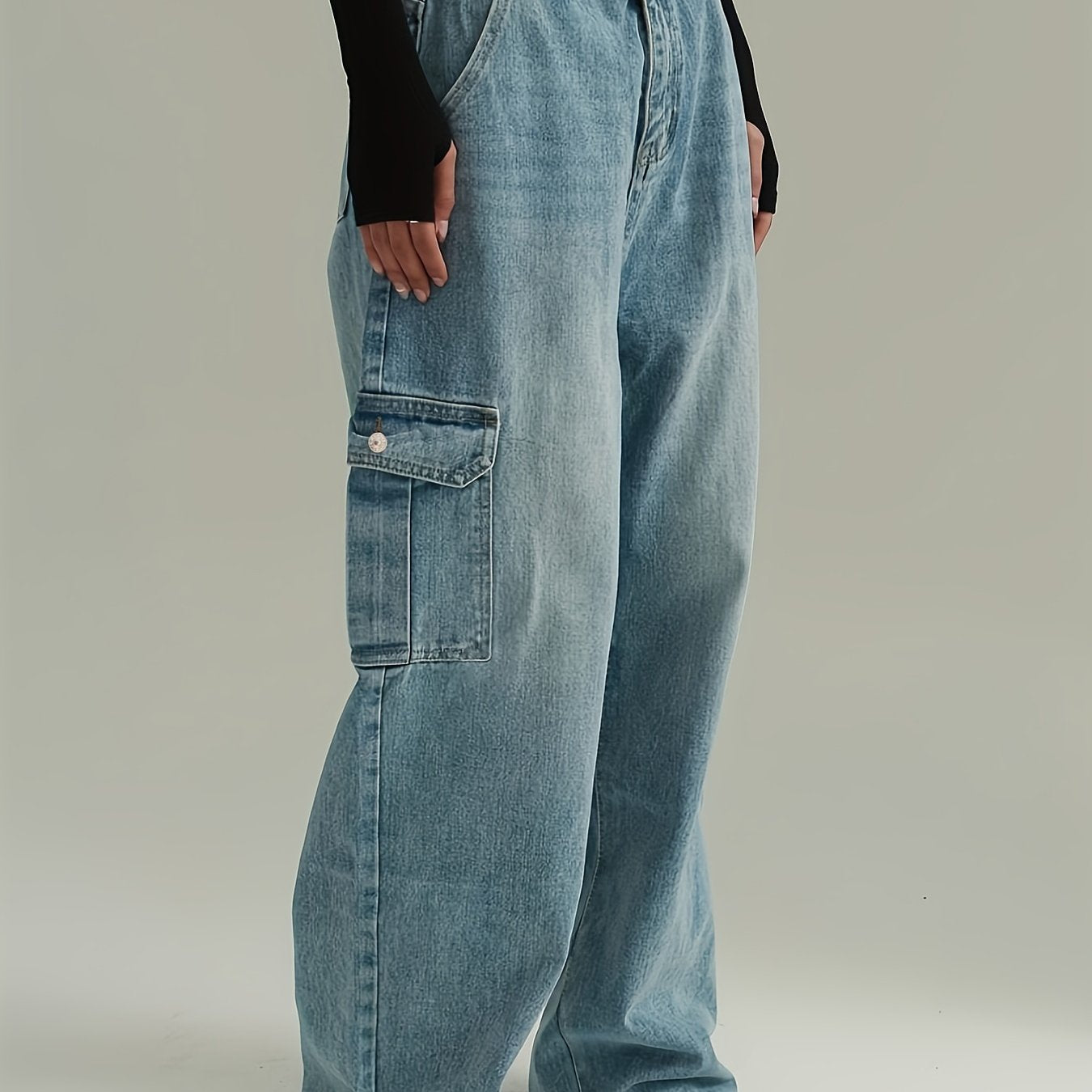 High Rise Loose Baggy Denim Cargo Pants Floor Length